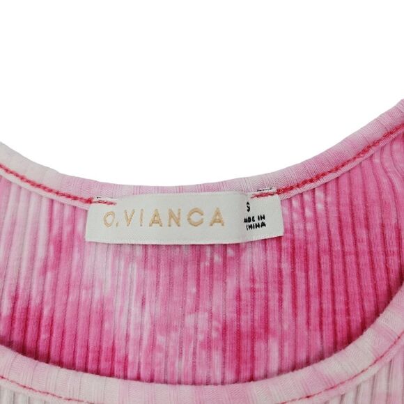 O. Vianca Ribbed Ruched Drawstring Longsleeve Crop Top in Pink Tie Dye Size S - Picture 5 of 7